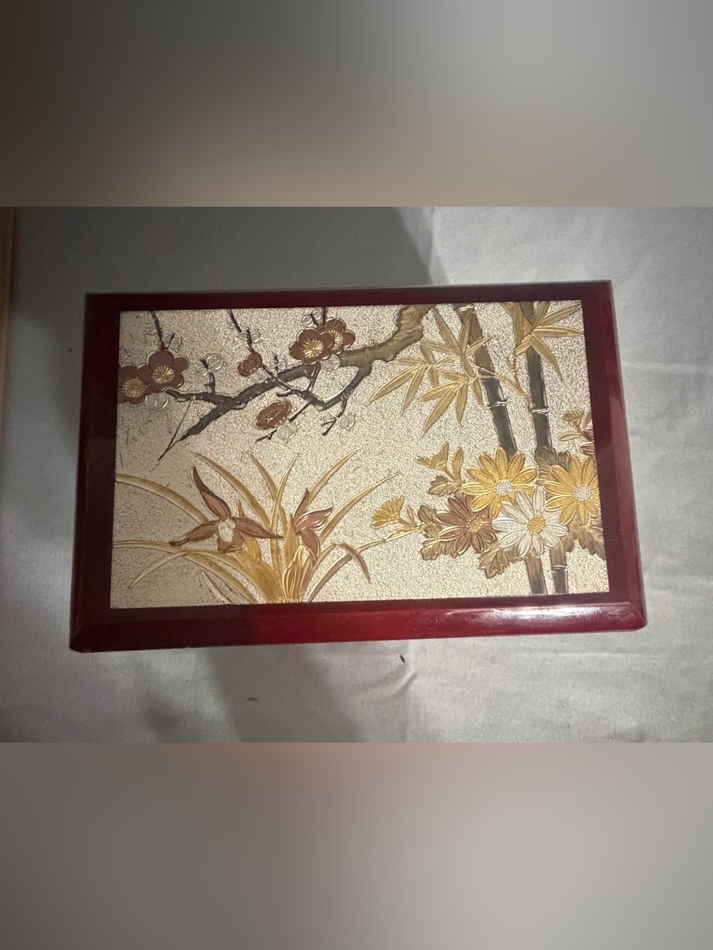 Vintage Wood-Trim Jewelry Box/ Music Box in Deep Red with Floral Inlay